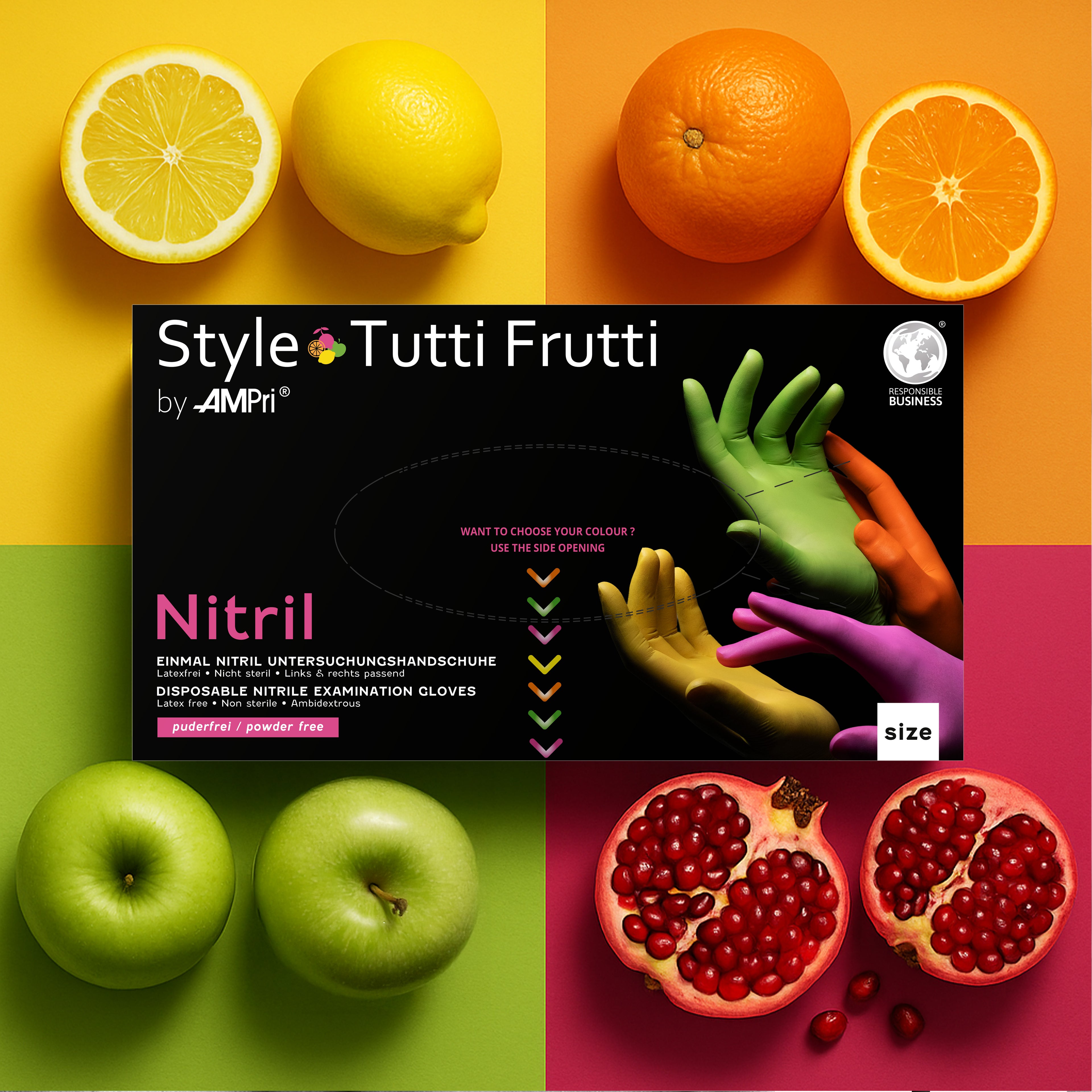 Bunte Premium Nitrilhandschuhe – Style Tutti Frutti 💐 | XS–XL | 96 Stück | Puderfrei & Latexfrei