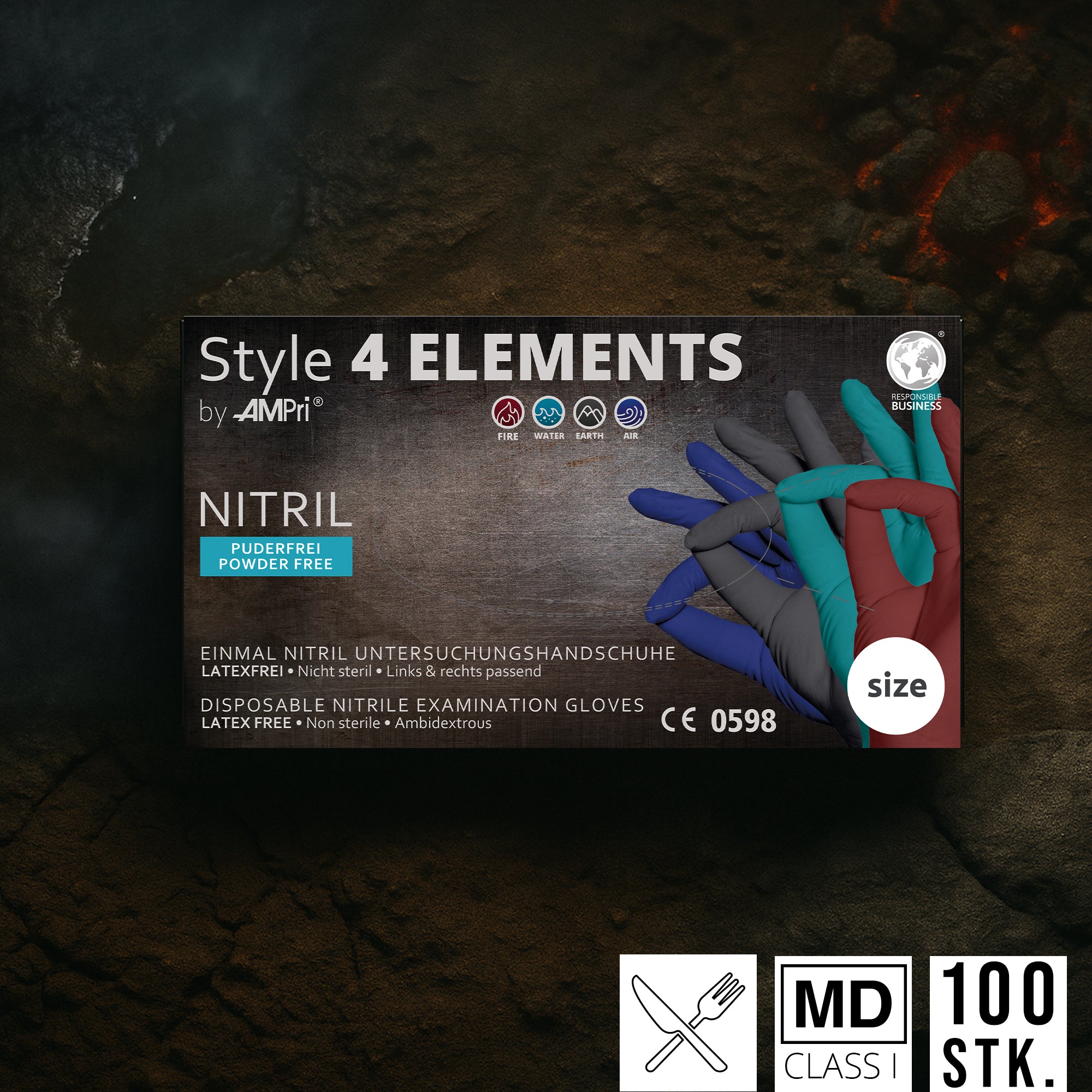 Bunte Premium Nitrilhandschuhe – Style 4 Elements 🔥🌊🌬️🍄‍🟫 | XS–XL | 96 Stück | Puderfrei &amp; Latexfrei