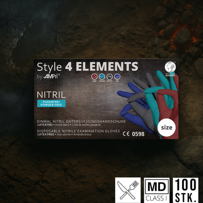 Bunte Premium Nitrilhandschuhe – Style 4 Elements 🔥🌊🌬️🍄‍🟫 | XS–XL | 96 Stück | Puderfrei &amp; Latexfrei